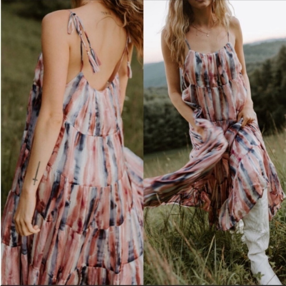 Storia Pink And Blue Gold Shimmer Watercolor Tiered Midi Dress Size M - Picture 5 of 13